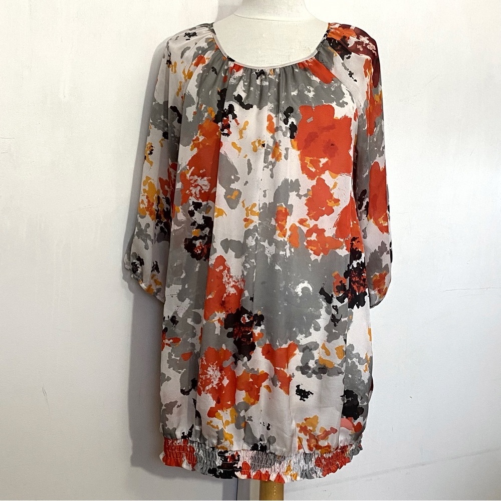 ELOQUII boho peasant style watercolor print smocked stretch hem tunic top